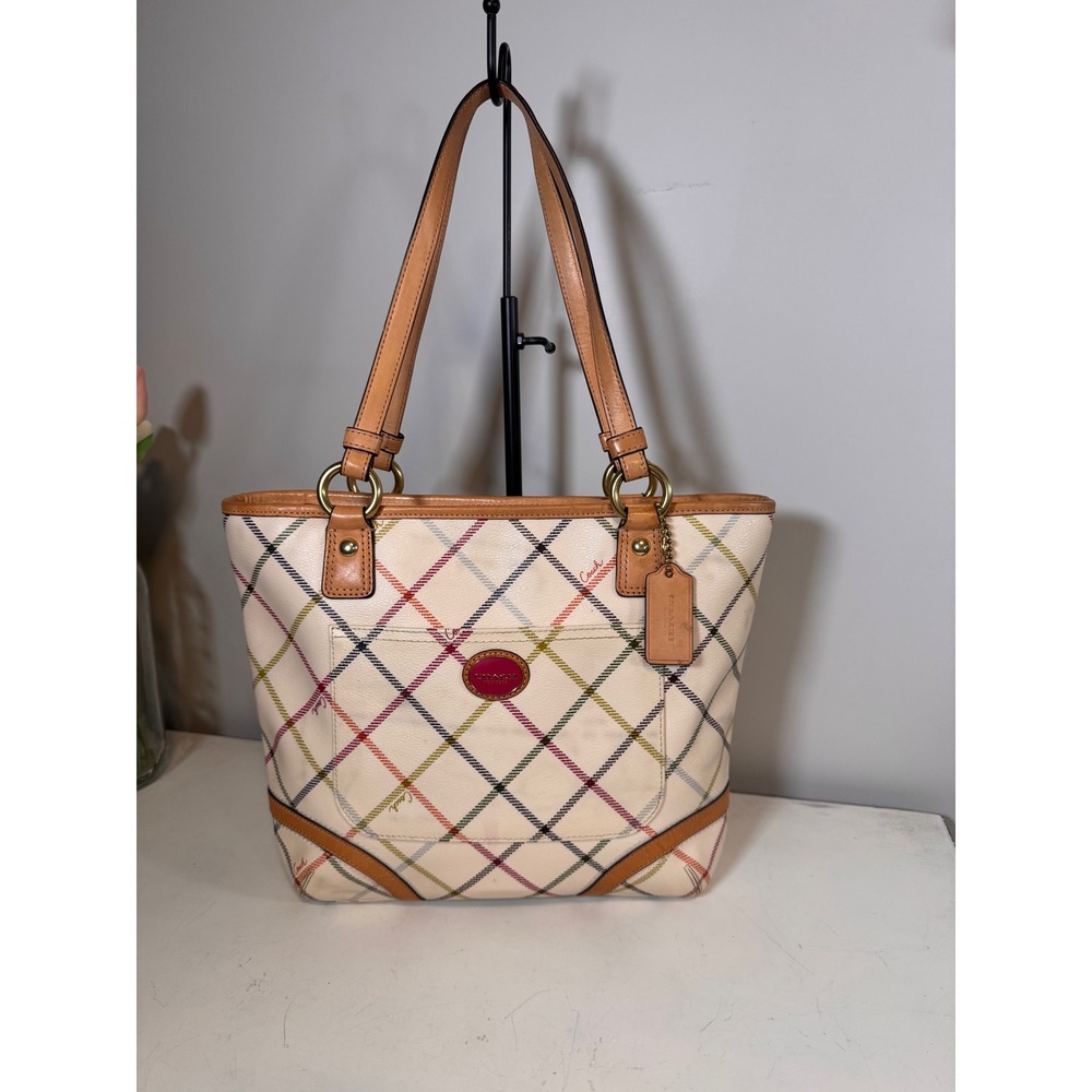Coach Peyton Tattersall Gallery Tote Coated Canvas Leather Trim Shoulder Bag